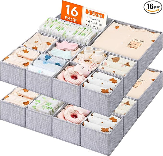 Lifewit Nursery Drawer Organizer for Clothes 16 Pack, Certified Child-safe Dresser Drawer Divider Storage Bins, Foldable Clothing Storage Basket for Baby Clothes/Underwear/Sock/Diaper in Closet
