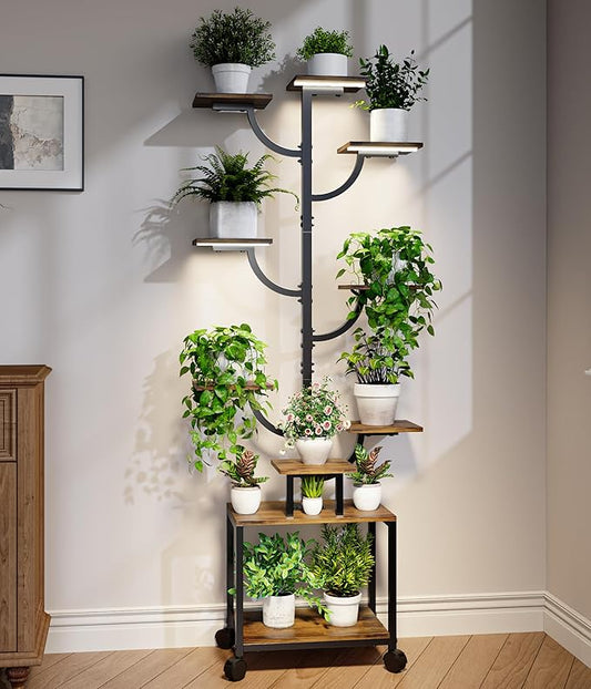 Plant Stand Indoor with Grow Lights - 9-Tier Plant Stand with Wheels, Tall Metal and Wood Indoor Plant Shelf with Tree Design, Rolling Flower Pot Holder Rack with Waterproof Finish, Adjustable Display Stand for Home Garden, Patio, 62" Tall