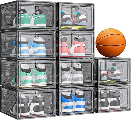 caktraie 10 Pack Thicken Shoe Organizer Stackable,Upgraded Sturdy Shoe Storage Box with Magnetic Door,Shoe Containers For Sneaker Display,Hat Organizer,Black…