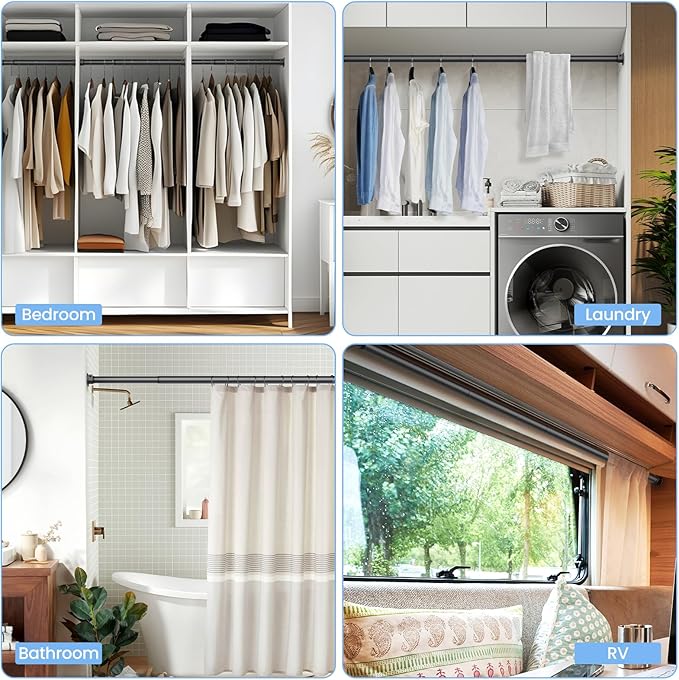 Closet Rods for Hanging Clothes, 17 to 39 Inch Stepless Adjustable Closet Rod, 1.3 Inch Diameter Metal Heavy Duty Closet Hanging Rod for Closet Wardrobes Laundry RV, Black