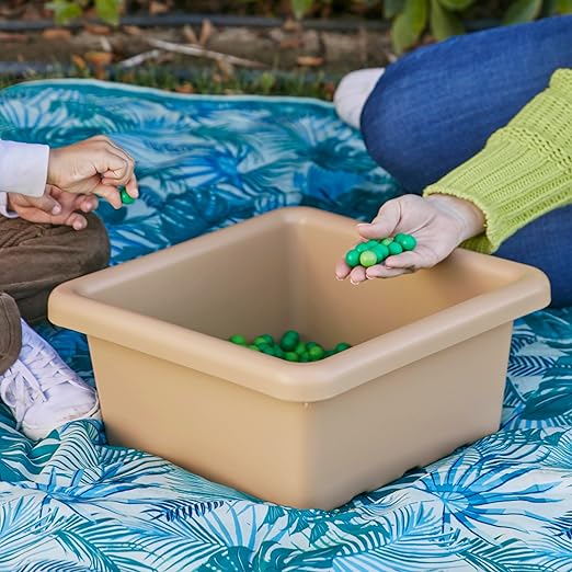 ECR4Kids Stackable Square Bins with Non-Snap Lids, Multipurpose Organization, Sand, 4-Pack