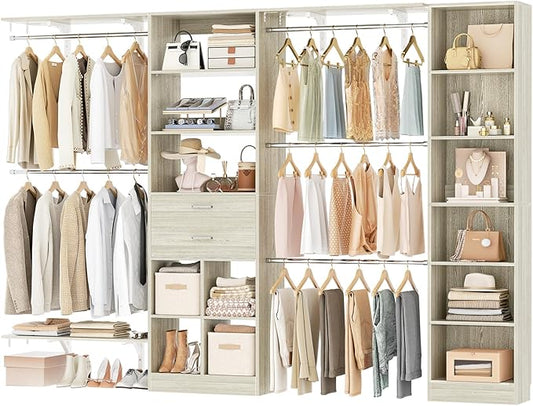 Besiost Closet System - 9.4FT/112" Closet Organizer System with Wooden Drawers,Closet Systems for Walk-In Closets with Hang Rods and Open Cabinet, Greige Oak