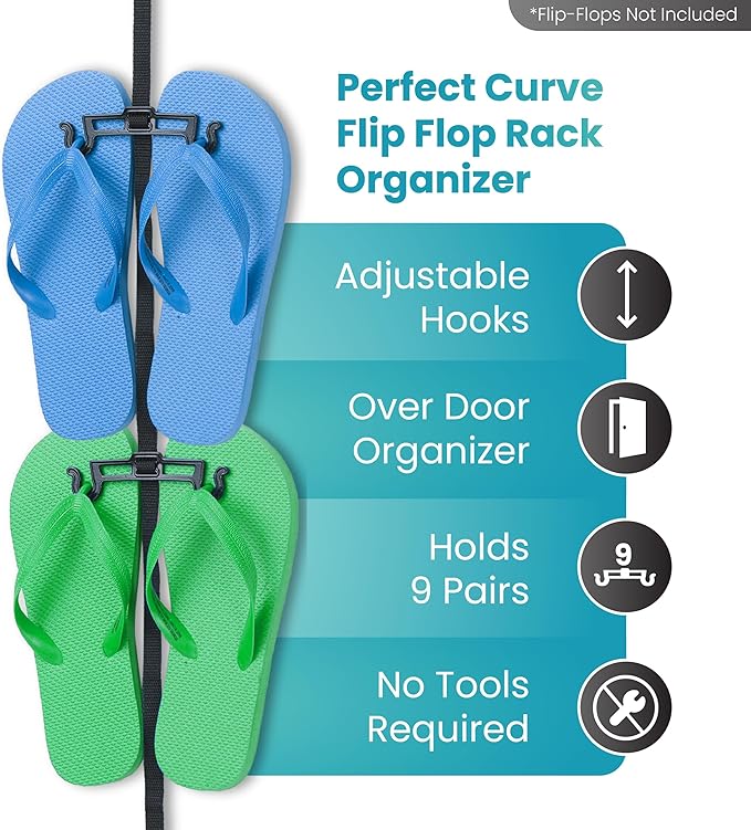 Perfect Curve Flip Flop Rack Organizer | Holds 9 Pairs | Over Door Organizer | Space Saving Shoe Rack | Adjustable Hooks | Organize Flip Flops, Crocs and Oofos | Black