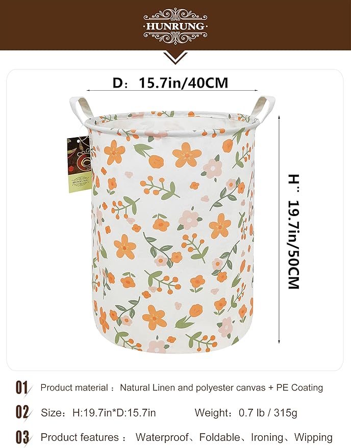 HUNRUNG Collapsible Fabric Storage Basket, Waterproof Laundry Hamper with Handles, Round Storage Bin for Clothes Toys, Foldable Organizer for Bedroom Nursery Bathroom(Round-Orange Flower)