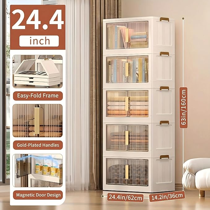 Storage Bins with Lids, 5 Tier 300 QT Stackable Plastic Storage Bins, Foldable Storages Boxes with Magnetic Doors and Wheels for Clothes, Snacks, Books, Folding Containers for Home Office