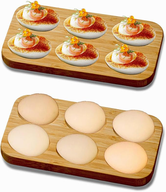 Deviled Egg Platter & Deviled Egg Tray.Mini Bamboo 6-Holes Rectangular Wooden Egg Holder-countertop Egg Holder-Small Easter Deviled Egg Carrier for Kitchen Countertops