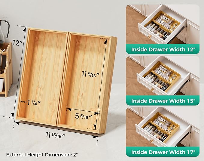Bamboo Kitchen Drawer Organizer Set of 2, Stackable 12" x 6" Wood Silverware Utensil Tray for Drawers Bins, Cutlery & Flatware Storage – Wooden Boxes Organizers for Junk Drawer, Bathroom, RV