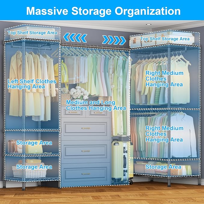 ULIFHOME E10L L-Shaped Clothes Rack for Corner（With Expandable Hanger Rod）Heavy Duty Freestanding Clothing Racks for Hanging Clothes，Portable Garment Rack 58-82"W x 30"D x 72"H，Max Load 900LBS，Grey