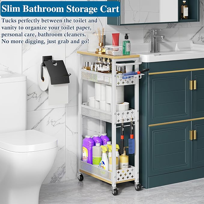 OKZEST Rolling Slim Storage Cart, 4-Tier Narrow Bathroom Laundry Room Organization Cart, Metal Kitchen Storage Mobile Shelf Unit Organizer with Wood Top, Slim Utility Cart with Wheels for Small Space