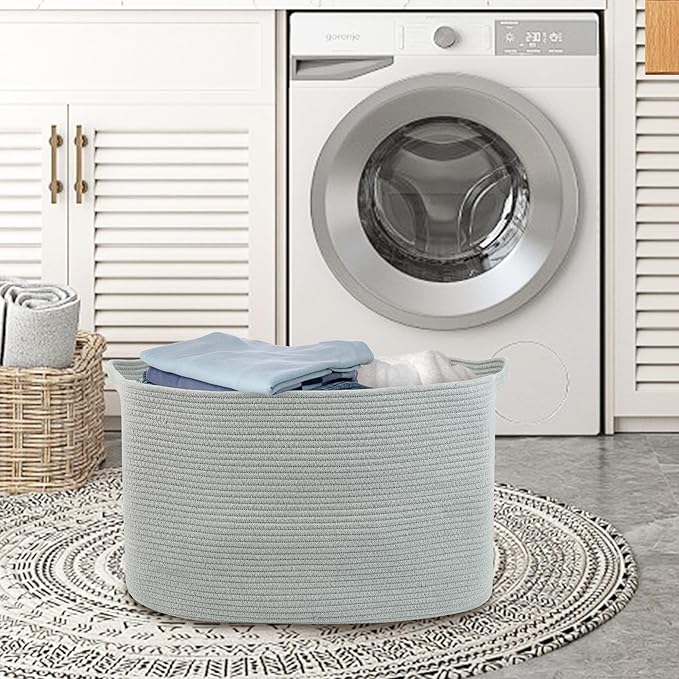 MEGASKET Extra Large Rectangle Storage Basket, 23.6" x 17" x 12" Gray Blanket Storage for Living Room, Large Soft Woven Cotton Rope Bin for Organizing, Kids Dog Wicker Toy Box Organizer