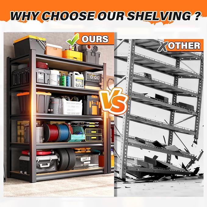 2Pack Storage Shelves, 2500lbs Garage Shelving,Adjustable Heavy Duty Shelving Unit,5T Tall Garage Shelves，Wood Metal Standing Shelf Units,Utility Rack for Kitchen 71.2''H*31.5''W*13.8''D