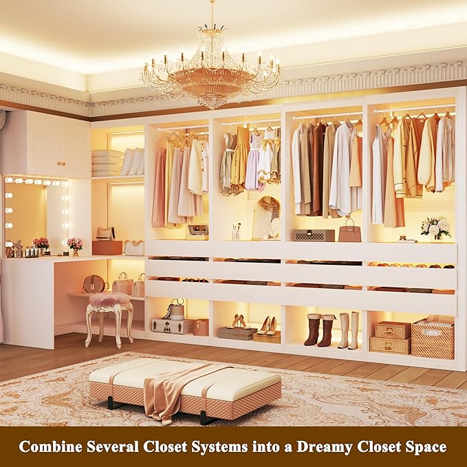 Freestanding Closet System Set of 2, 4FT Closet Organizer System with 6 Wood Drawers & Glasstop, 48" Closet Systems with Hanging Rod & LED Light, Heavy Duty Walk-in Closet, White(48"L x 16" W x 80" H)