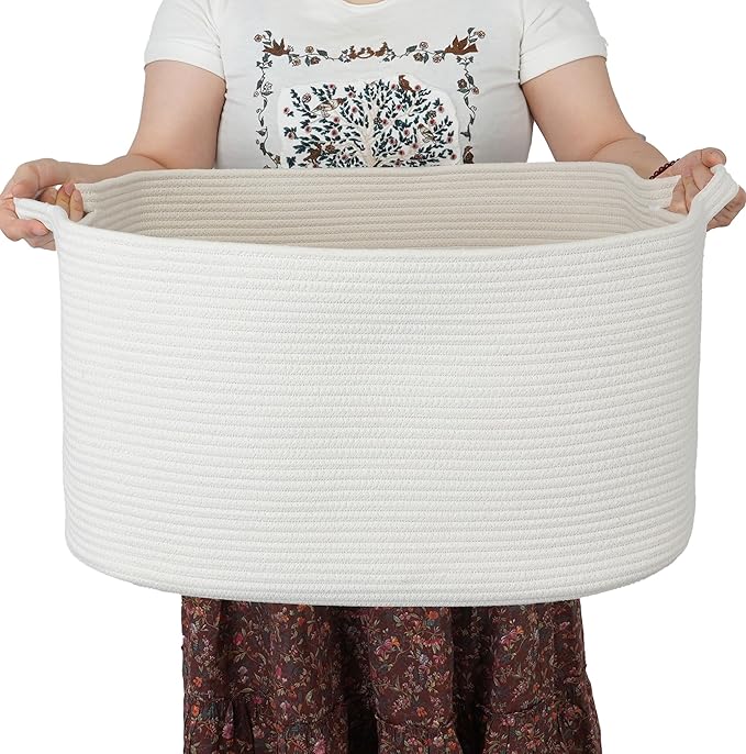 XUANGUO Large Rectangle Blankets Basket Living Room 22"x17"x12" Woven Cotton Rope Storage Baskets for Nursery Toy Baskets for Kids and Dogs Wicker Laundry Basket Bin for Clothes Towels white