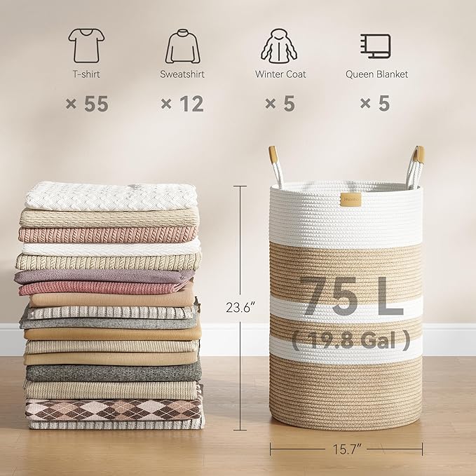 Nunsino 75L Striped Laundry Hamper with Leather Handles,Large Foldable Laundry Basket for Clothes,Cotton Rope Storage Bin for Blankets,Woven Clothes Basket for Bedroom,Beige Stripes