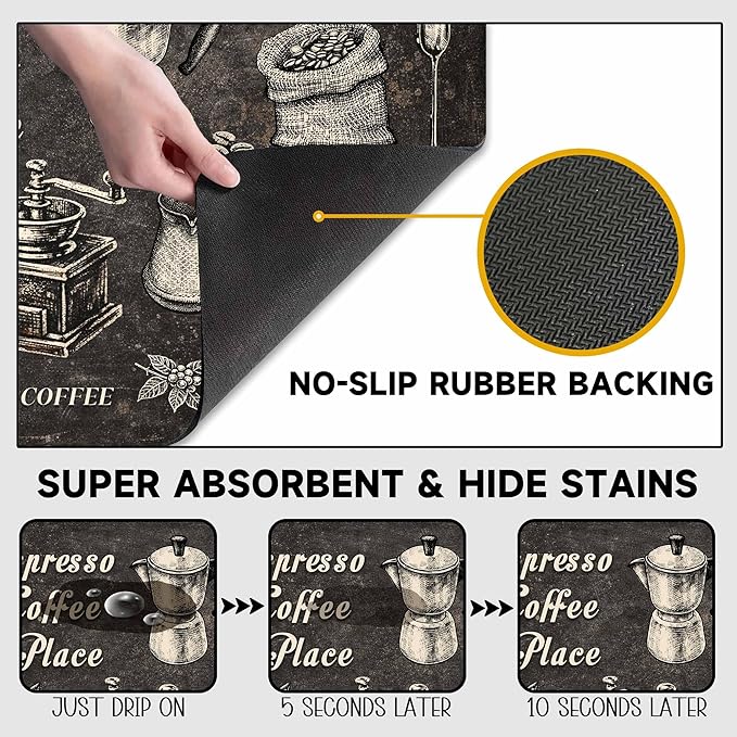 Vintage Coffee Blueprint Coffee Bar Mat 12" x 19", Absorbent Quick-Dry Coffee Drying Mat, Non-Slip Waterproof Countertop Protector for Coffee Station, Espresso Machine