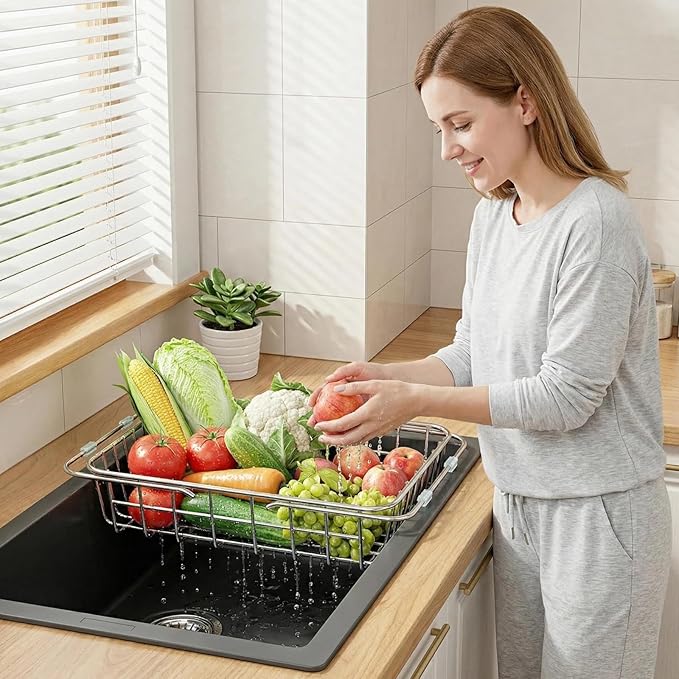 Drain Rack for Dishes Inside/Outside Sink-Expandable Stainless Steel Structure, Rubber Primer Protection, Space-Saving Kitchen Storage Tool. (Middle)