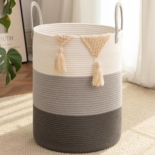 OIAHOMY Large Laundry Basket Hamper - 60L Cotton Rope Woven Basket for Blankets, Toys, Clothes - Tall Decorative Nursery Hamper with Long Handles, Gradient Grey