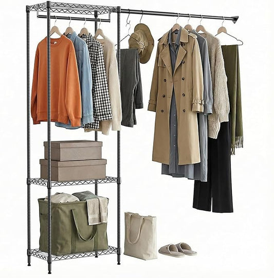 MZG Heavy Duty Rolling Garment Rack 3 Tiers Adjustable Wire Shelving Clothes Rack with 2 Rods Storage Closet Clothing Rack Black 13.8"D x 63.3"W x 82.4"H