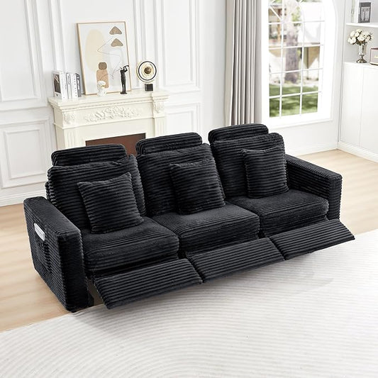 LEVNARY 3-Seater Modular Reclining Sofa, Faux Rabbit Fur Power Recliner Couch with 3 Electric Seats, 3 Pillows & Side Pockets, Adjustable Back & Footrest, Living Room Furniture (Black)