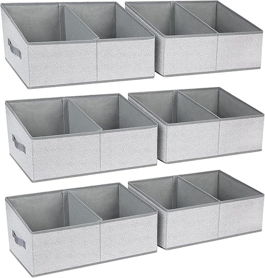 DIMJ Large Closet Shelf Organizer Bins 6 Packs with Handles and Divider, Fabric Trapezoid Storage Baskets, Foldable Clothes Containers Box for Shelf, Towel, Book, Toy, Purse, Hats, Grey