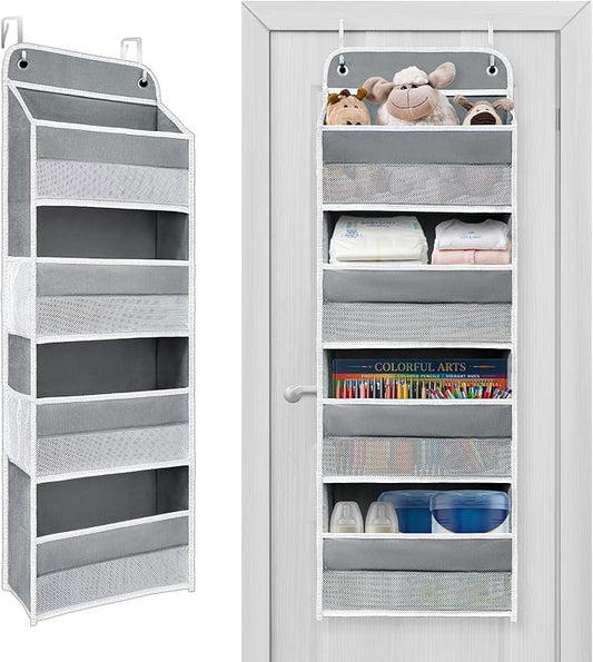 Over The Door Organizer with LifetimeWarranty, 4 Shelves & 4 Side Pockets, Large Storage Rack Holds 44lb, Heavy-Duty Reinforced Mesh Shelf for Bathroom, Closet, Toy Organization, Shoes, Towels, Grey