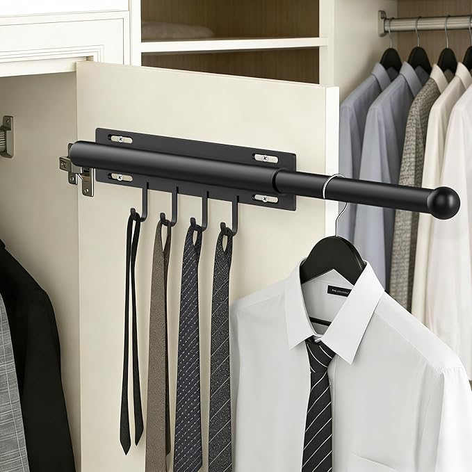 Valet Rod for Closet Retractable with 4 Hooks, 13.4"-23.2" Pull Out Clothes Hanger Rail, Heavy Duty Alloy Steel Side Mount Wardrobe Bar, Adjustable Organizer for Laundry, Bathroom, Entrance (Black)