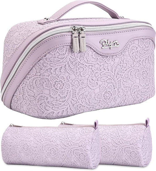 BOYATU Travel Makeup Bags Cosmetic Organizer Bag: 3-Set Large Capacity Make up Bag - PU Leather Toiletry Bags for Women - Wide Open Portable Pouch with Divider & Handle (A-Violet)