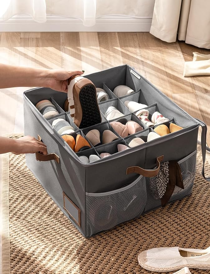StorageWorks Shoe Organizer for Closet, Fabric Shoe Storage Boxes for Slippers and Sandals, Stackable Shoe Bins for Closet with Side Mesh Pockets, Holds Up to 16 Pairs, Gray