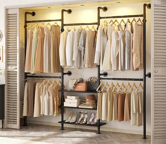 Aheaplus Expandable Industrial Pipe Clothing Rack, 7.3-10.9Ft Wall Mounted Closet System, Reversible L Shaped Clothes Rack for Hanging Clothes, Heavy Duty Corner Closet Wardrobe Garment Rack, Black