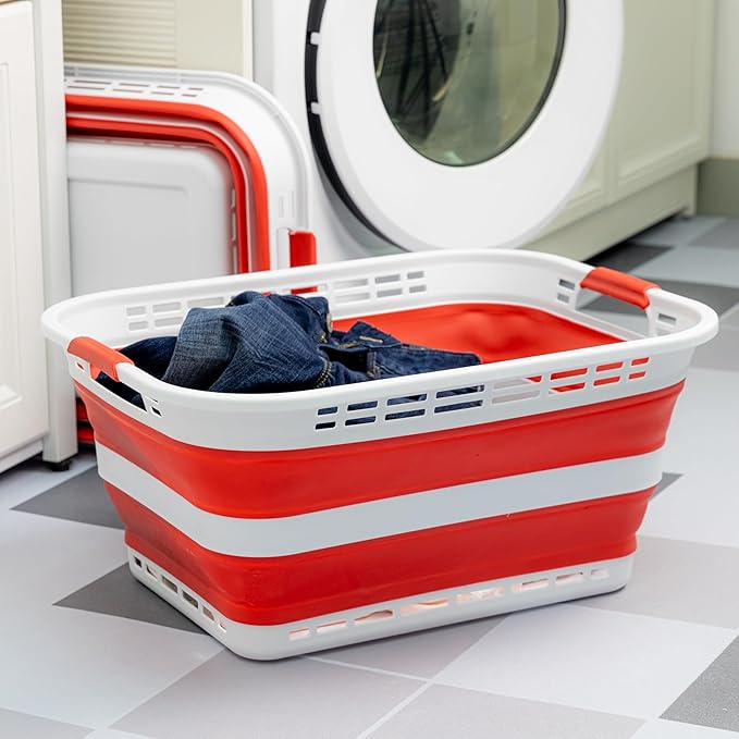 SAMMART 42L (11 gallons) Collapsible Plastic Laundry Basket - Portable Pop Up Storage Container/Organizer - Portable Hamper - Space Saving Easy Storage (White/Viva Magenta [BPA Free] (Set of 2))