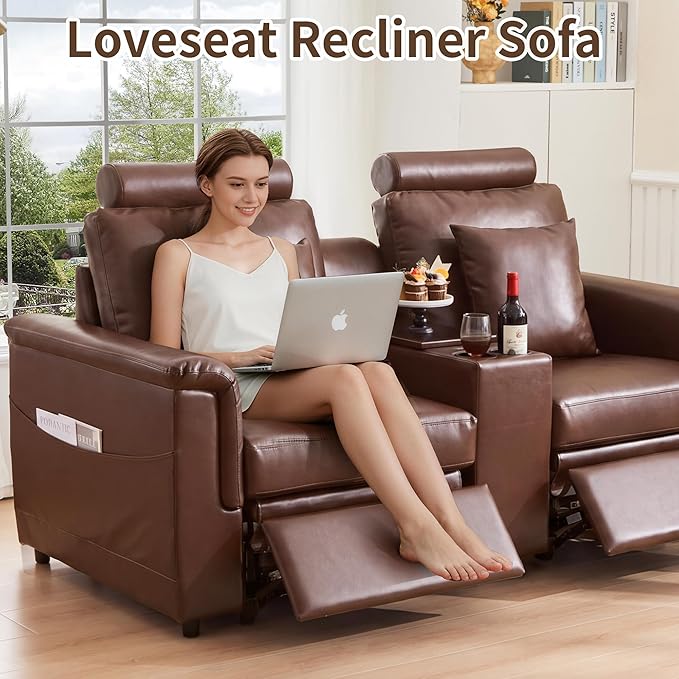 LEVNARY 2-Seater Modular Reclining Sofa with Center Console, Upholstered Faux Leather Power Recliner Loveseat with Cup Holders, USB Charging, Side Pockets & 2 Pillows, Living Room Furniture (Brown)