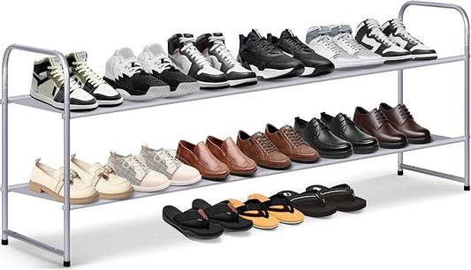 MISSLO 2 Tier Long Shoe Rack for Closet Shoe Organizer Holds 18-Pairs, Wide Low Stackable Shoe Storage Shelf for Bedroom Floor, Men Boots, Women Heels, Kids Sneakers (Grey)