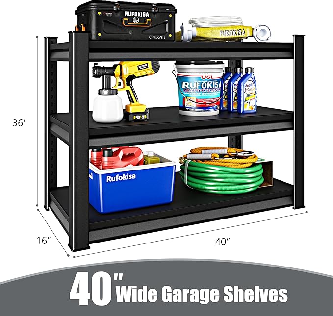 40" W 3-Tier Garage Shelving Heavy Duty, 1500LBS Loads Garage Storage Shelves, Metal Shelving Units and Storage Racks, Industrial Utility Shelf Heavy Duty,40" Wx16 Dx36 H, Black