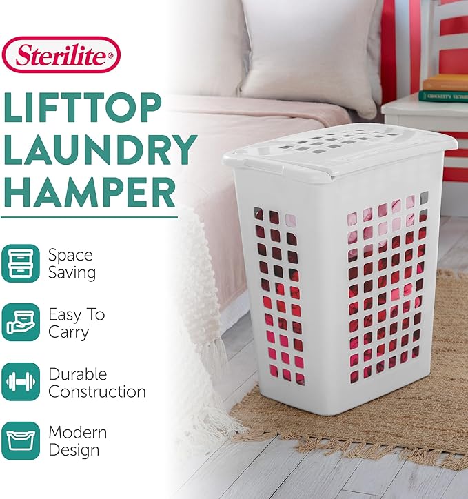 Sterilite Rectangular LiftTop Laundry Hamper with Lid, Handles to Easily Carry Clothes Between the Laundry Room and Bedroom, Plastic, White, 12-Pack