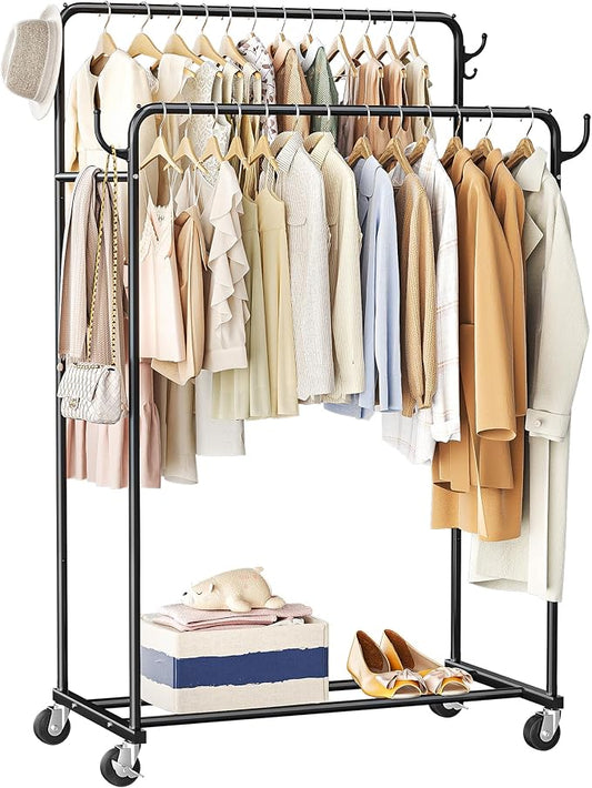 Clothes Rack, Rolling Clothing Rack with Double Rods for Hanging Clothes, Portable Garment Rack with Wheels, Metal Wardrobe Closet Organizer for Bedroom and Laundry Room