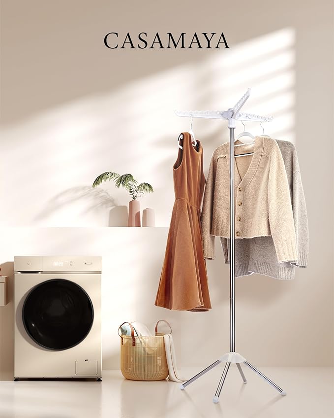 CASAMAYA Clothes Drying Rack Foldable, 59 inch Tripod Laundry Drying Rack Indoor with Rotating Clothes Rail for 27 Pieces of Clothes, Space Saving, Stainless Steel, White and Silver CDR001W01