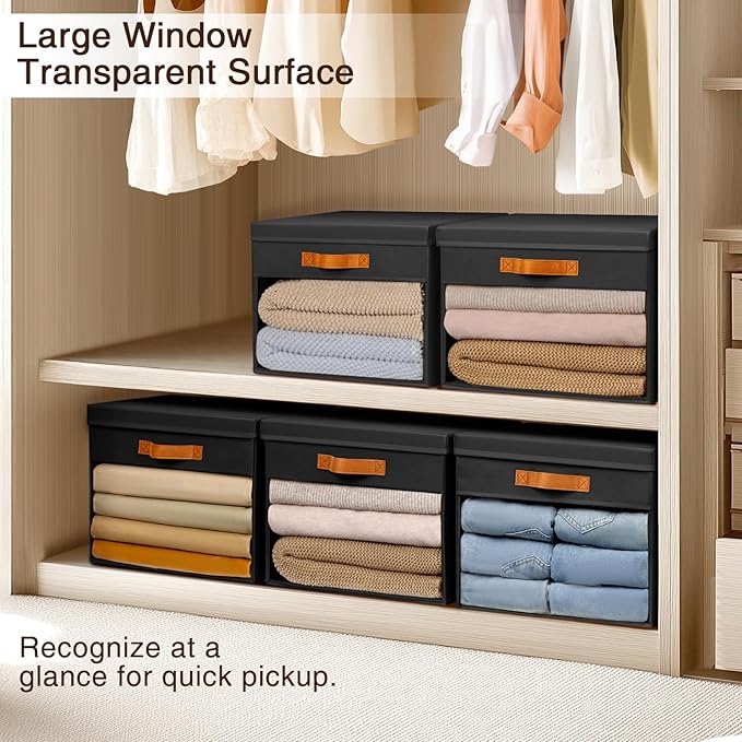 Homsorout Large Storage Bins with Lids - 6 Pack Foldable Decorative Organizers with Clear Windows & Handles, Cube Storage Organizers for Clothes, Blankets, Sweaters, Sheets, Black