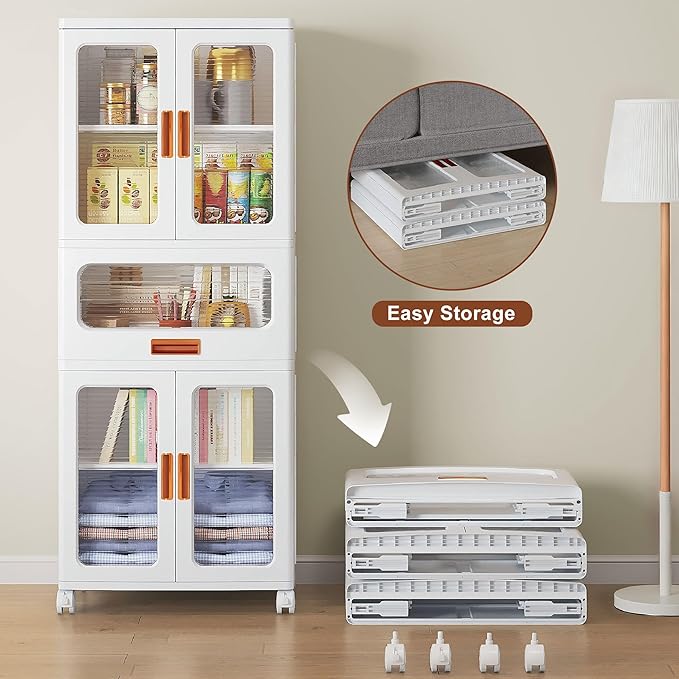 VECELO 226QT Stackable Storage Bins with Lids, Large Collapsible Storage Bins with Drawer and Movable Wheels, Adjustable Shelves, Anti-Tip, for Living Room, Bedroom, Kitchen, White