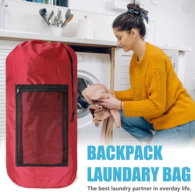 Olosar Laundry Bag Backpack, Extra Large Travel Laundry Bag with Mesh Pocket & Adjustable Shoulder Straps,Dirty Clothes Travel Bag for College Students Dorm,Apartment（Red）