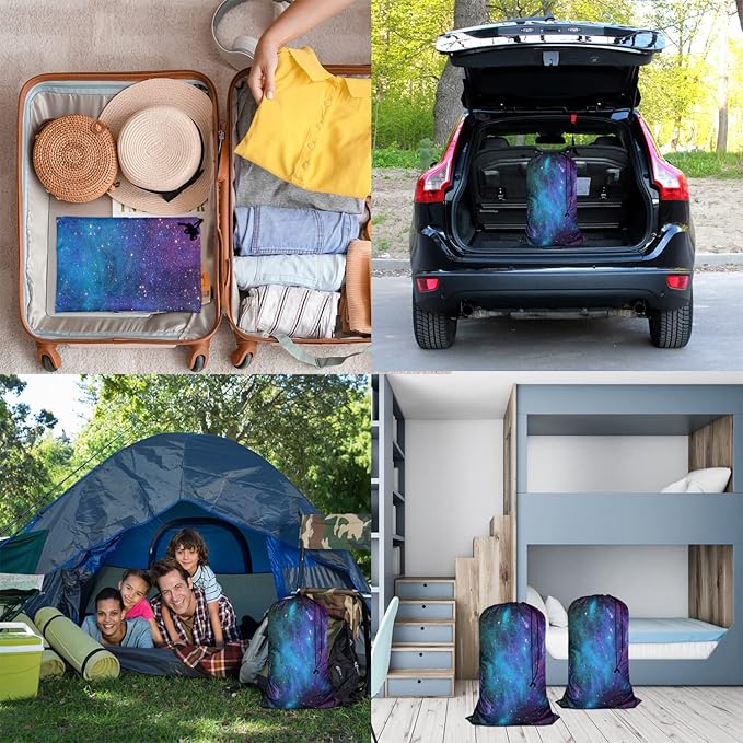 Swono Starry Sky Laundry Bag with Drawstring Straps, Heavy Duty Extra Large Laundry Bags for Laundromat Household, Galaxy Nebula Cloud Cluster Stars Aerospace Travel Dirty Clothes Bag, Purple Blue