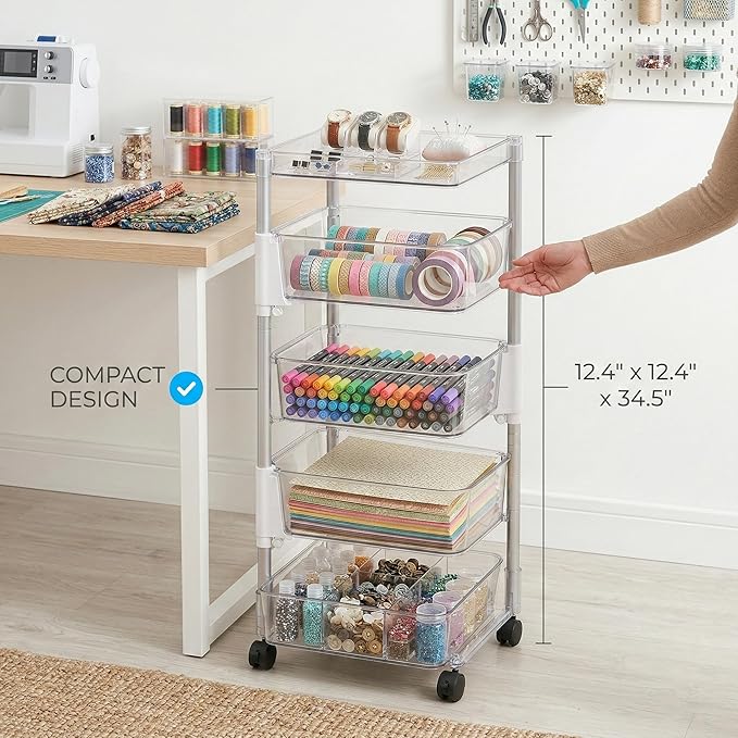 OnDisplay 360° Rotating Clear Storage Trolley – Multi-Tier Rolling Acrylic Utility Cart for Vanity, Craft Room, Pantry, Office & Bathroom – Mobile Multipurpose Organizer Rack for Makeup, Kitchen,