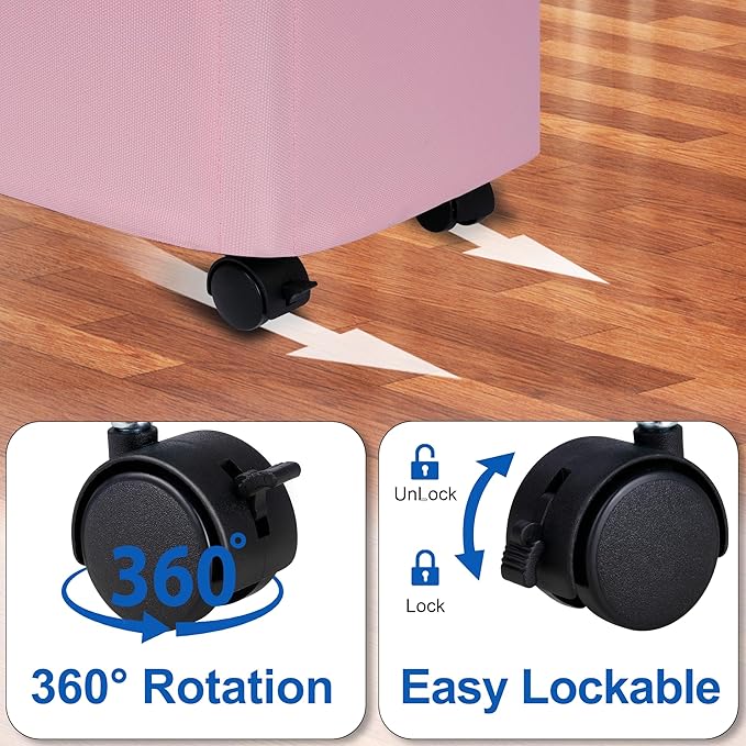 Vincona Slim Laundry Hamper with Lid and Wheels, Small Rolling Laundry Basket with Handle for Small Spaces, Tall Dirty Clothes Hampers for Dorm, Bathroom and Bedroom, 55L, Pink