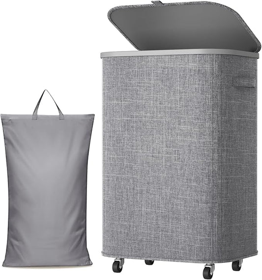 Lifewit 85L Plastic Laundry Basket with Lid, Large Clothes Hamper with Wheels and Removable Bag, Tall Collapsible Rolling Storage Bin for Dorm Bedroom Bathroom, Light Gray