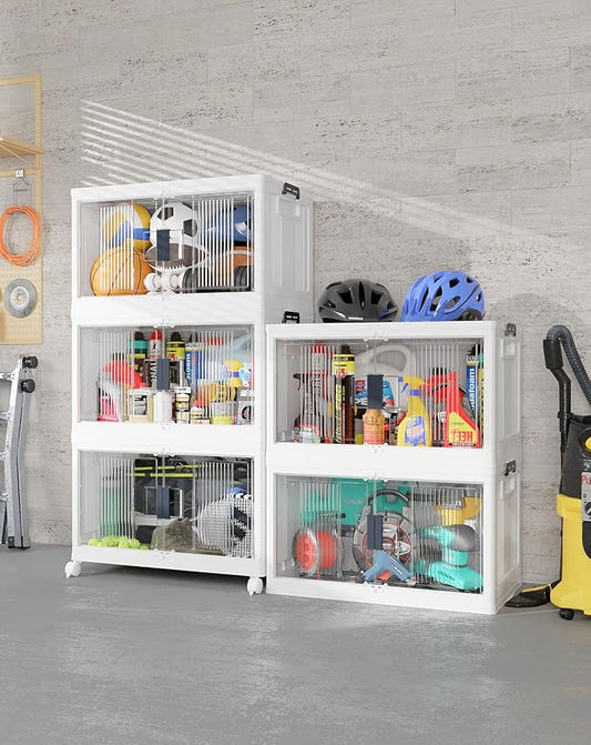 OlarHike 97QT Stackable Storage Bins with Lids - Folding Storage Box with Doors and Wheels, Collapsible Plastic Storage Drawers for Closets and Organization, Garage, 5 Pack Cubes