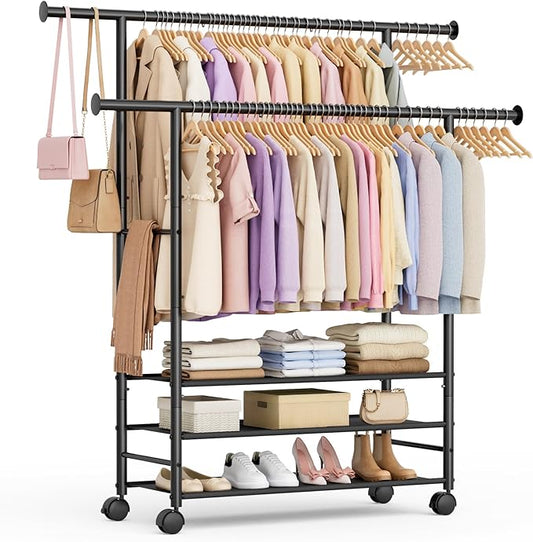 SLEEPING LAMB 44" Double Rods Clothes Rack for Hanging Clothes, Sturdy Wardrobe Clothing Rack with 3 Tier Shelves, Portable Rolling Garment Rack With Wheels for Bedroom, Laundry Living Room, Black