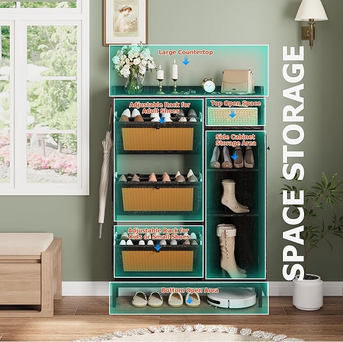 GarveeHome Shoe Cabinet Rattan with 3 Flip Drawers and 4-Tier Shoe Storage Cabinet, Freestanding Shoe Organizer with Adjustable Shelves for Entryway, Closet, Hallway