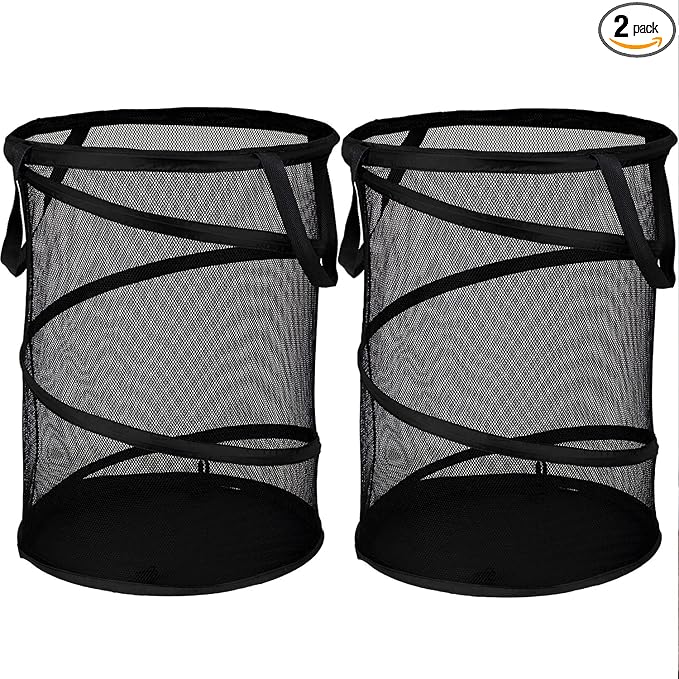BATTOO 2 Pack Black Large Collapsible Laundry Basket Foldable Mesh Pop Up Hamper with Handles for Laundry Room, Bathroom, Kids Room, College Dorm, Travel, Camping, Gift Basket