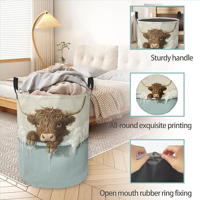 Highland Cow Bathing Round Laundry Hamper Storage Basket Toys Clothes Organizer Bin For Home Bathroom Bedroom Dorm Nursery