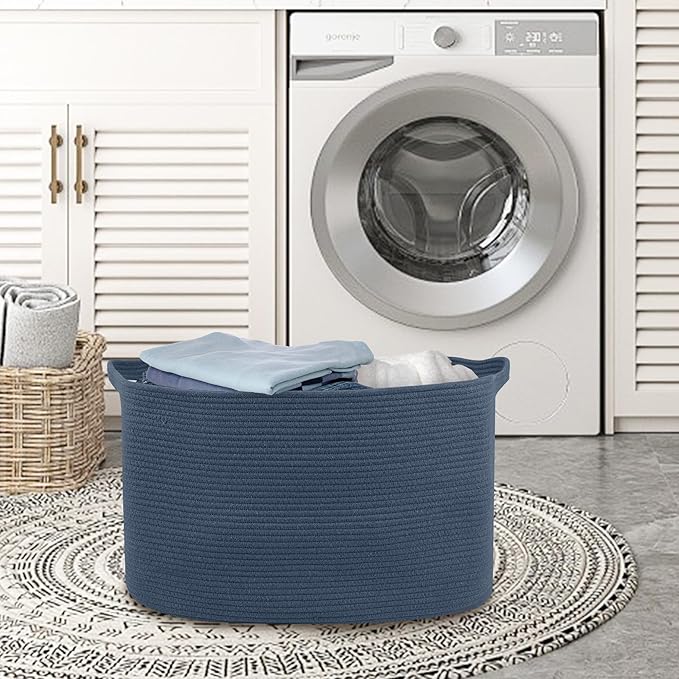 MEGASKET Extra Large Rectangle Storage Basket, 23.6" x 17" x 12" Dark Blue Blanket Storage for Living Room, Large Woven Cotton Rope Storage Box, Soft Kids Toy Basket Organizer Bin, Big Wicker Basket