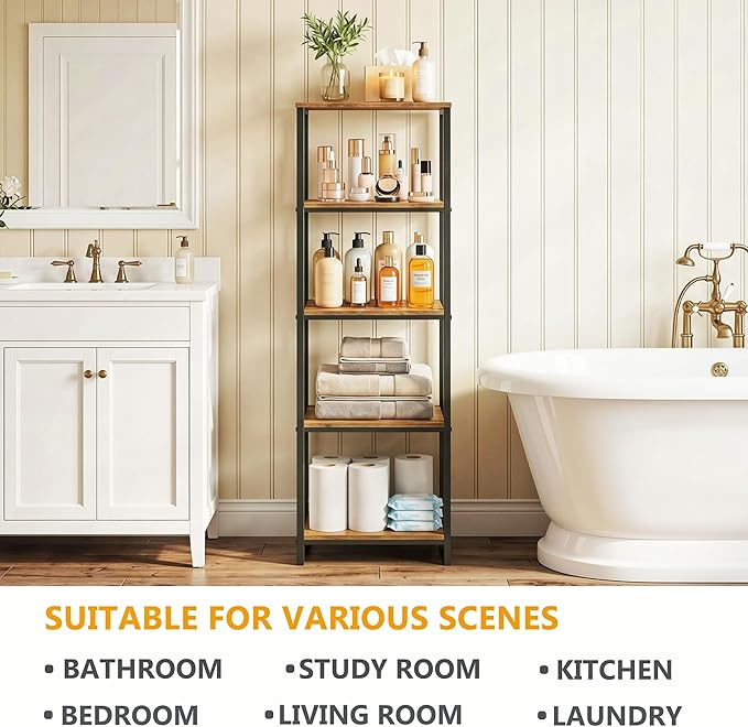 5-Tier Bathroom Shelving Unit, 47" H Narrow Open Floor Shelves, Metal Corner Slim Storage Rack for Bathroom Laundry Room Kitchen Living Room, Rustic Brown